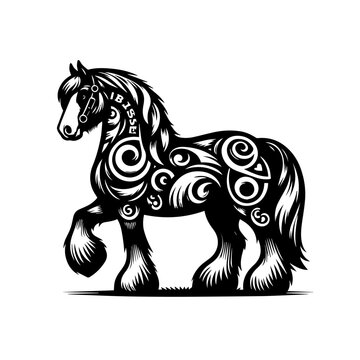 Black and white horse with swirling patterns