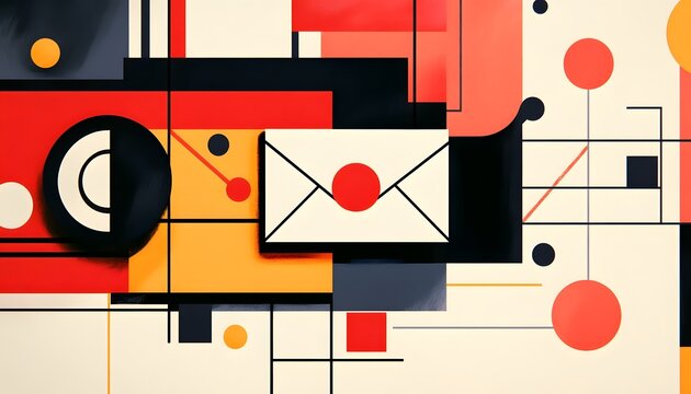 An abstract composition featuring geometric shapes and envelope designs in vibrant colors.