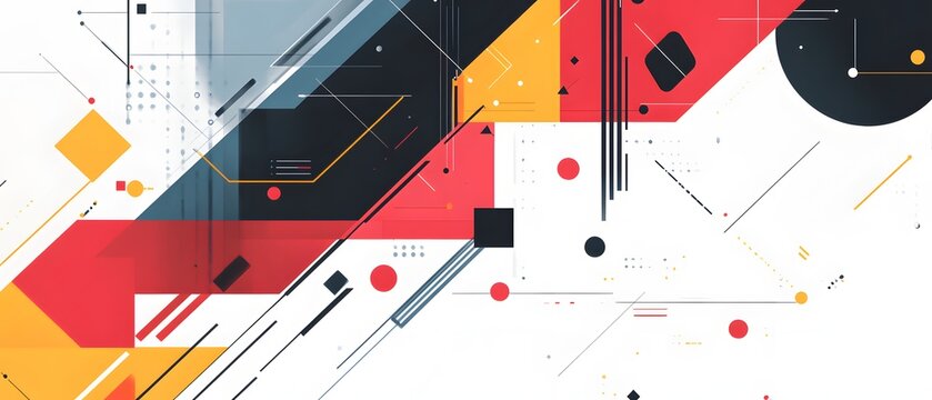 An abstract geometric composition featuring bold colors and dynamic shapes
