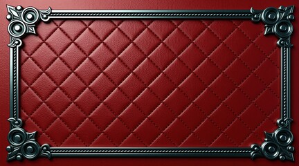 Fototapeta premium Red quilted leather background with decorative metal corners and border. Ornate surface with stitched diamond pattern offers luxury feel. Elegant backdrop for design projects.