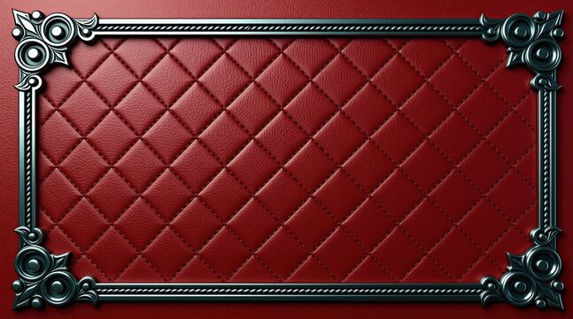 Red quilted leather background with decorative metal corners and border. Ornate surface with stitched diamond pattern offers luxury feel. Elegant backdrop for design projects.