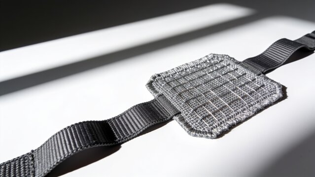 Embedded metal grid pattern on gray fabric strap