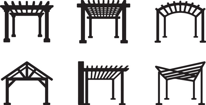 Six different pergola and arbor styles black and white vector icons Vector