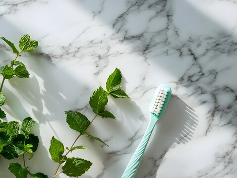 Fresh mint leaves and a toothbrush on a marble surface