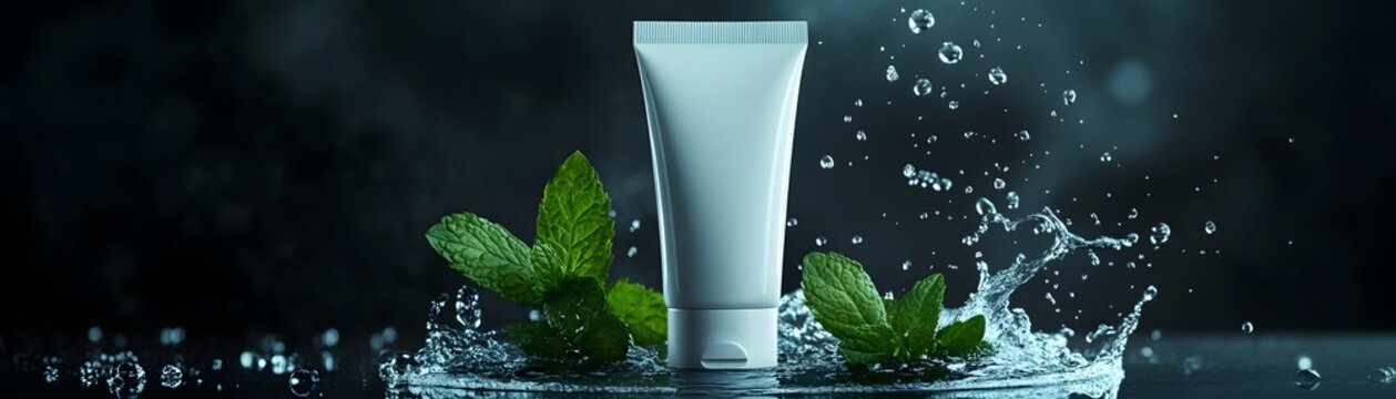 Refreshing mint leaves and a sleek tube splash in water, perfect for skincare products.