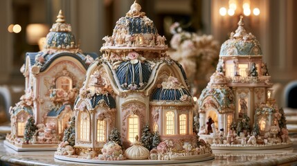 Obraz premium Festive centerpiece artisan patisserie handcrafted icing celebration excellence joyful moments focus on gourmet experience theme whimsical Blend mode elegant dining room backdrop.