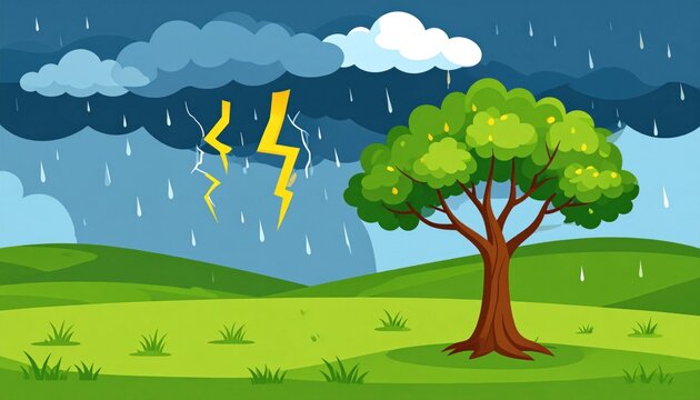 Cartoon depiction of a stormy day with rain, lightning, a tree, and a grassy field