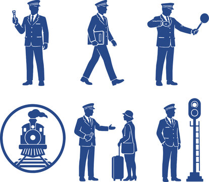 Train Conductor Silhouette Icon Set Railway Transportation Professional Vector Collection Isolated on White Background