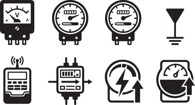 Set of electrical measurement and control icons with multimeter Vector