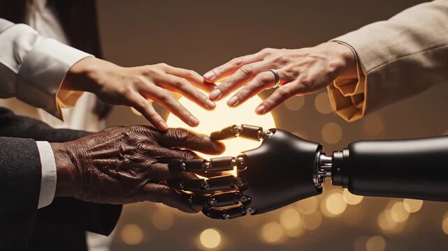 Human and robotic hands reaching for a glowing orb.