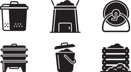 Six black composting and waste bin icons in flat vector style Vector © Alex