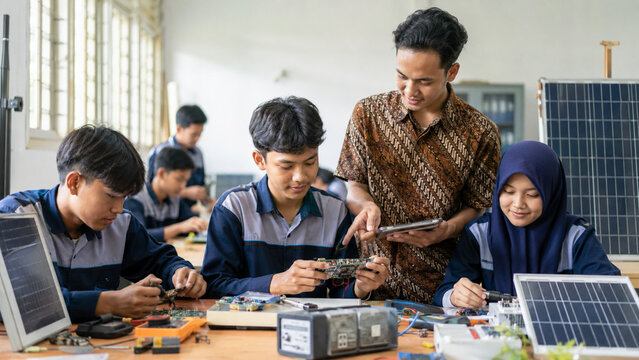 Vocational students learning AI assisted repair of solar powered devices