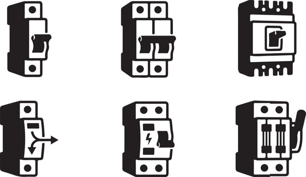 Six types of electrical circuit breakers and relays icons set Vector