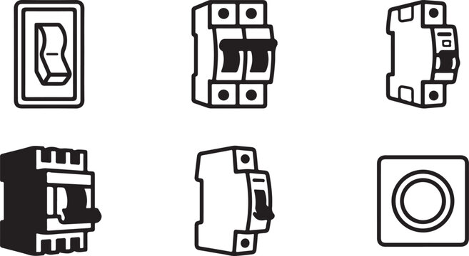 Set of six black and white electrical circuit breaker icons Vector