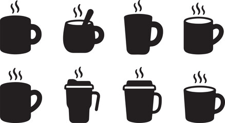 Eight black coffee cup icons with steam in different styles Vector © Alex