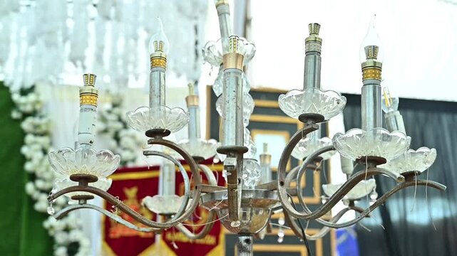Luxury Crystal Wedding Candelabra with White Floral Decoration at Elegant Reception Venue &ndash; 4K Footage 
