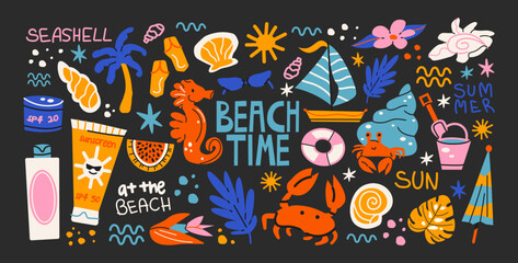 Obraz premium Beach summer vacation stickers with seaside leisure and holiday activity elements including palm trees, seashells, cocktails and surf items, ocean rest symbols and tropical travel vibes for summer
