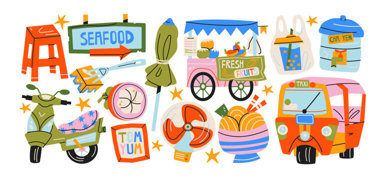 Asian street food stickers with tuk tuk, scooter, night market, seafood, tom yum, street vendor and tropical market doodles, retro cartoon travel icons for tourism, food blogs and vacation branding