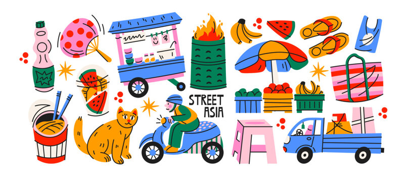 Asian street food stickers with tuk tuk, scooter, night market, seafood, tom yum, street vendor and tropical market doodles, retro cartoon travel icons for tourism, food blogs and vacation branding