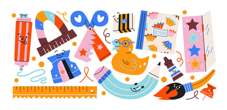 Back to school doodle stickers, retro cartoon school supplies, groovy 90s education elements with classroom stationery, learning accessories, study icons, student essentials and creative objects