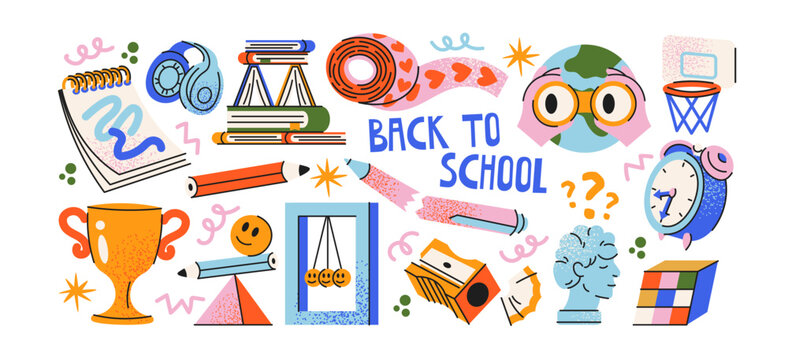Back to school doodle stickers, retro cartoon school supplies, groovy 90s education elements with classroom stationery, learning accessories, study icons, student essentials and creative objects