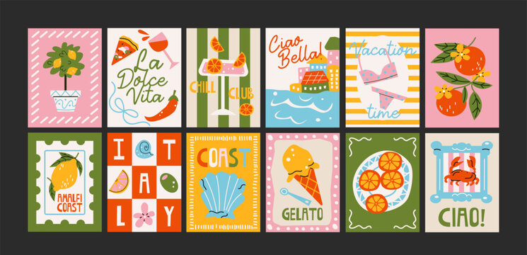 Dolce vita Italian posters in 90s style. Bright postcards: pizza, lemons, cocktails, seafood in cartoon trendy retro style. Decor for kitchens, cafes and restaurants. Minimalist banners for wall decor