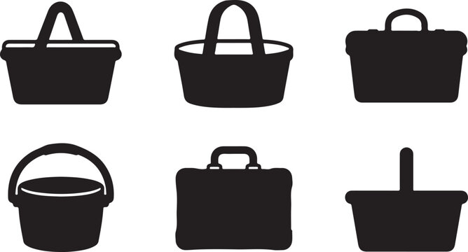 Flat pack of six different shopping and storage baskets with handles Vector