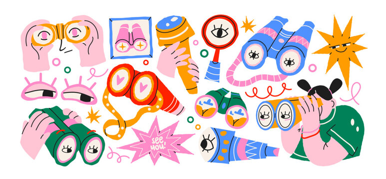 Binocular search characters stickers with people searching information, observing, exploring and discovering, binoculars, magnifying glass, telescope and optical accessories for research and internet 