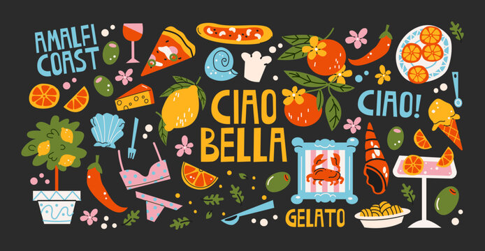 Italian food and culture stickers set in retro cartoon style.La dolce vita elements: pizza, pasta, wine, tomato. Illustration in funky, doodle style, trendy Amalfi coast labels set.