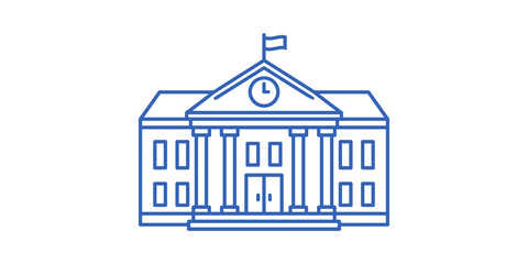 Fototapeta premium Blue line art icon of a classic government building school or university with columns and a clock isolated on transparent background