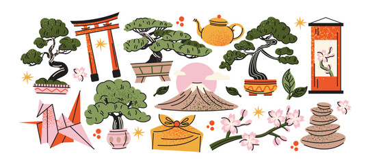 Obraz premium Japanese culture stickers with bonsai trees, torii gate, mount fuji, cherry blossom and tea ceremony, traditional zen garden elements, asian travel inspiration, oriental harmony and mindfulness