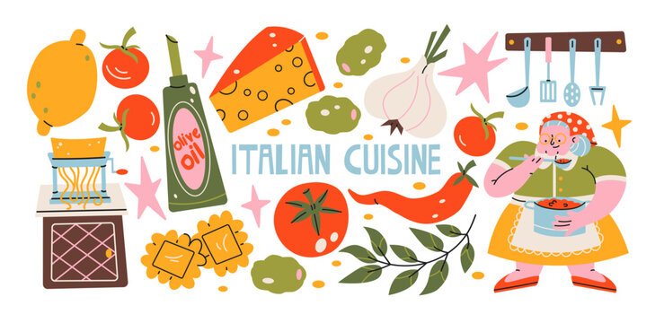 Italian food and culture stickers set in retro cartoon style.La dolce vita elements: pizza, pasta, wine, tomato. Illustration in funky, doodle style, trendy Amalfi coast labels set.