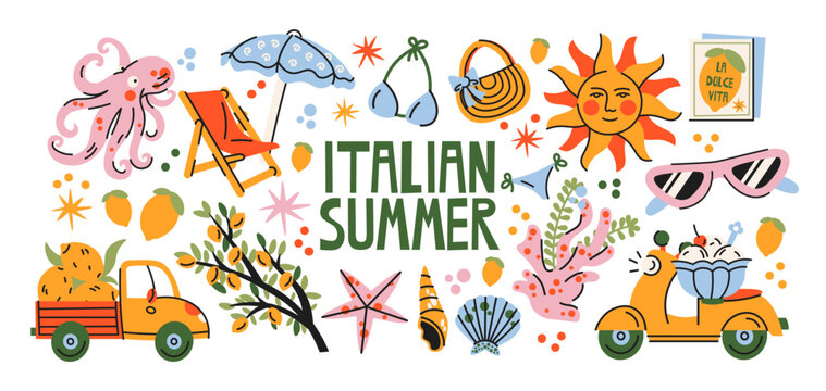 Italian summer stickers with citrus, scooter, sunshine, beach lifestyle and mediterranean vacation elements, coastal holiday atmosphere, seaside travel inspiration, sunny european summer adventure