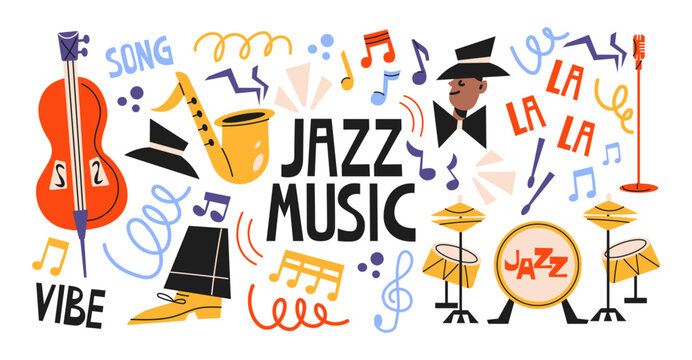 Jazz music stickers with saxophone, double bass, drums, microphone and musical instruments, live concert essentials, swing performance elements, vintage jazz culture and festival entertainment