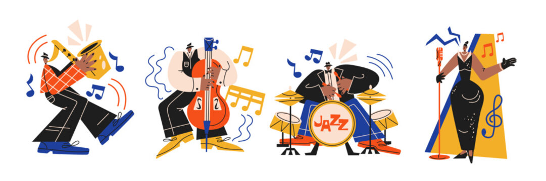 Jazz musician characters stickers with saxophonist, double bass player, drummer and female singer, live concert performers, swing band entertainment, vintage music festival atmosphere