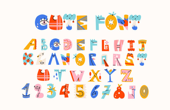 Cutout alphabet font in retro cartoon style. Playful magazine collage lettering with uneven shapes, bold characters and handmade look, childish and doodle typeface for posters, kids projects