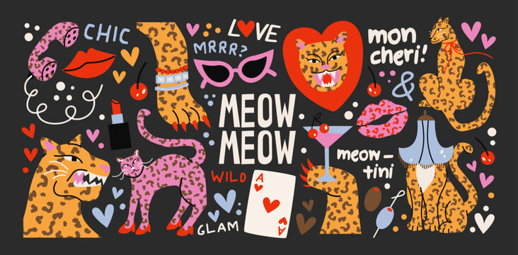 Fashion leopard cat characters stickers with wild felines, glam accessories, hearts, lipstick and cocktail, trendy feminine animal figures, chic parisian style,playful fashion vintage style collection