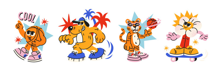 Obraz premium Street style mascot characters stickers with skateboarding lion, basketball tiger, urban animal athletes and cool graffiti inspired sports icons, playful streetwear culture and vintage rap style