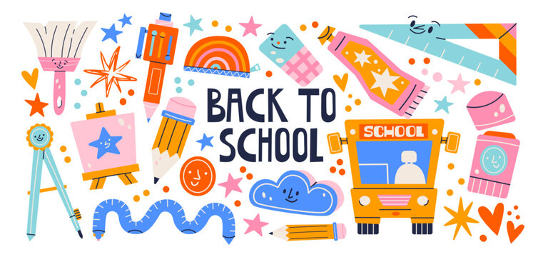 Back to school doodle stickers, retro cartoon school supplies, groovy 90s education elements with classroom stationery, learning accessories, study icons, student essentials and creative objects