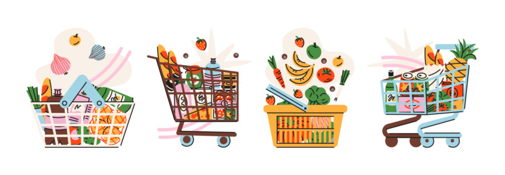 Grocery supermarket food stickers retro cartoon style. Bread, vegetables, cheese, shopping basket, grocery bag and market products, fresh farm groceries and supermarket shopping collection graphics