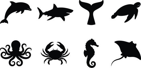 Marine Animal Silhouette Collection with Dolphin Shark Turtle Octopus Crab Seahorse and Ray Vector Set © MSTALIFNUR