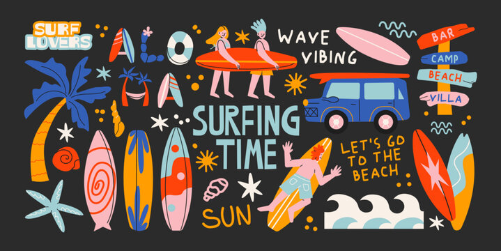 Surfing cartoon character stickers, surf culture mascot doodles with ocean waves, surfboards, tropical beach elements for apparel, branding, merchandise and summer prints