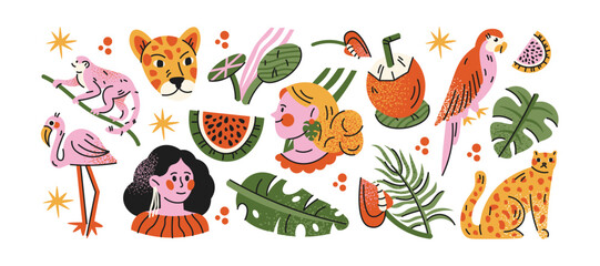 Obraz premium Tropical boho stickers in cartoon style with women, leopard, snake, botanical leaves and ceramic vase. Exotic jungle nature elements, botanical decor, wildlife, tropical plants and floral doodles