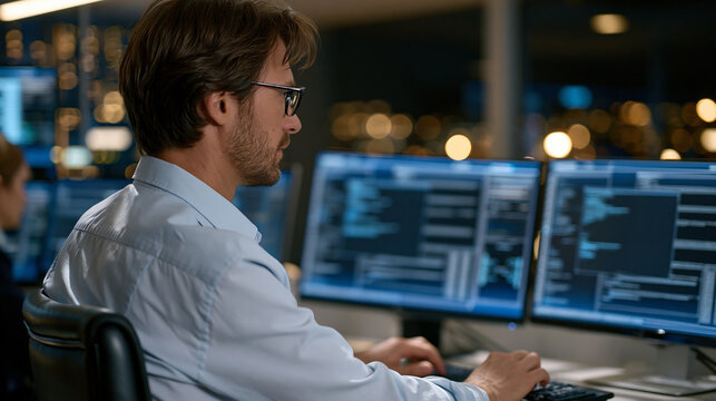 Cryptomining malware detection specialist reviewing CPU usage anomaly spikes on terminal dashboard, compromised endpoint flagged in corporate asset management system, over the shoulder view of analy