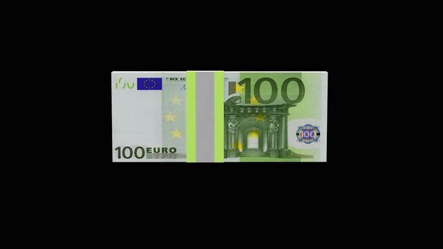 Rotating stack of 100 euro banknotes bound with a paper band floats against a black background in a simple financial themed 3D render