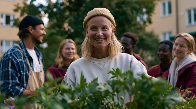Diverse group of co-operative housing residents gathered in a shared courtyard garden during September harvest, distributing fresh vegetables and discussing building maintenance together, democratic