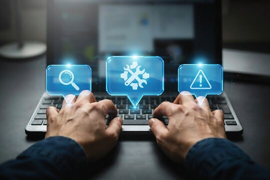 User typing on laptop with floating technical support and maintenance service icons display