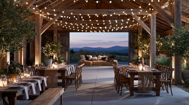 String lights and reclaimed wood beams frame a barn reception hall with burlap table runners, mason jar centerpieces, and a hay bale seating area visible through open barn doors against a dusk harve