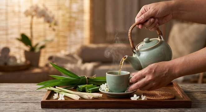 A close-up, high-angle commercial stock photograph of a serene Thai wellness tea ritual. A person's hands with realistic skin textures and perfect five-finger anatomy are gently pouring a warm, steami