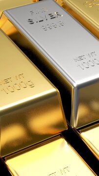 Close-up of stacked gold and silver bullion bars with engraved purity and weight markings as the camera glides over reflective precious metal surfaces in 3D render